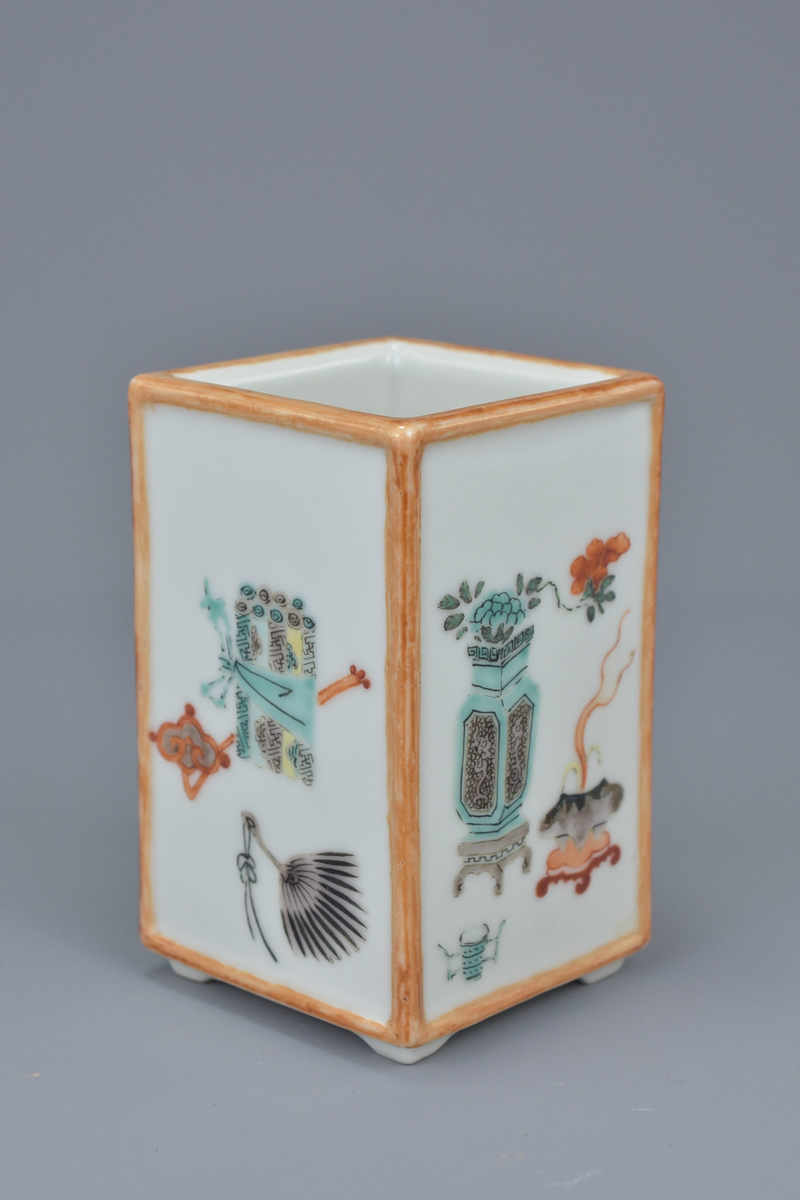 A Chinese late 19th century porcelain brush holder. Each side painted with Scholars objects. Inscrip - Image 2 of 6