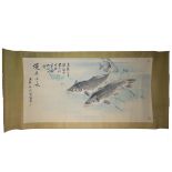 A large Chinese watercolour painting on paper in scroll of carp fish with three red seal marks and i