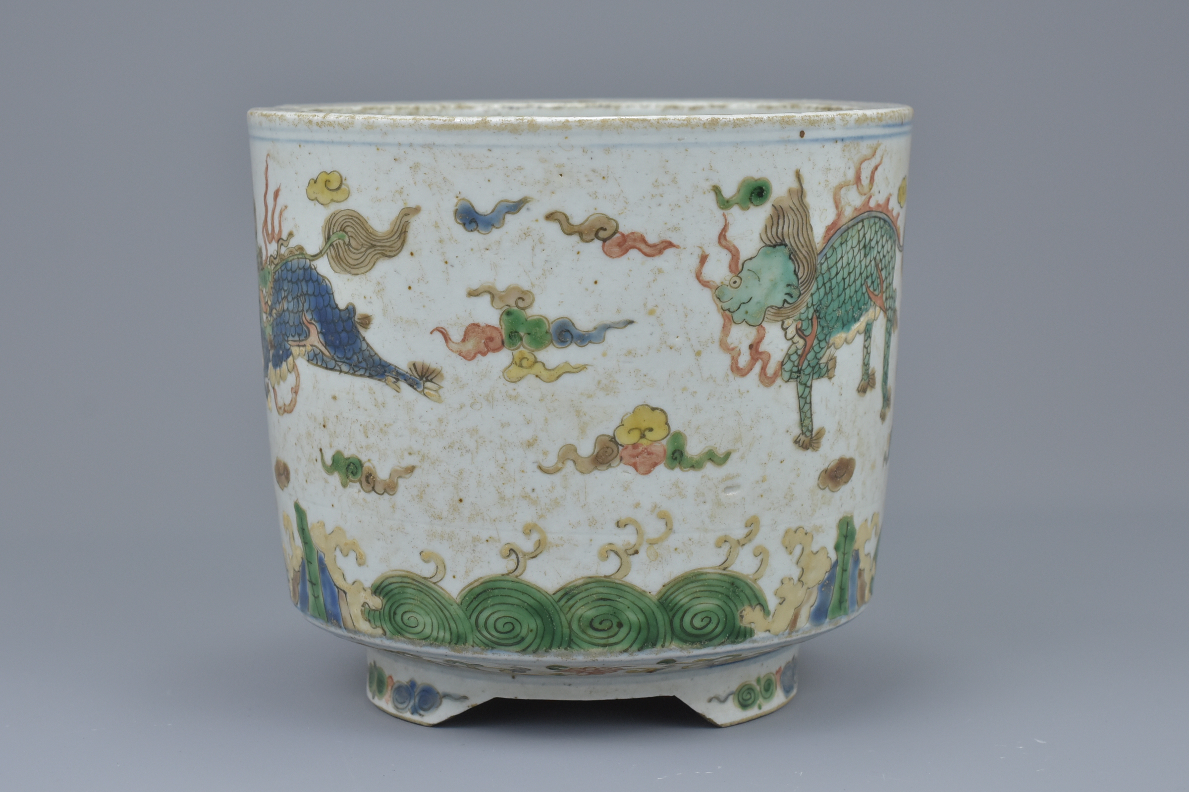 A Chinese 18/19th century doucai porcelain tripod censer with qilin, dragon and horse. 15.5cm diam x - Image 2 of 7