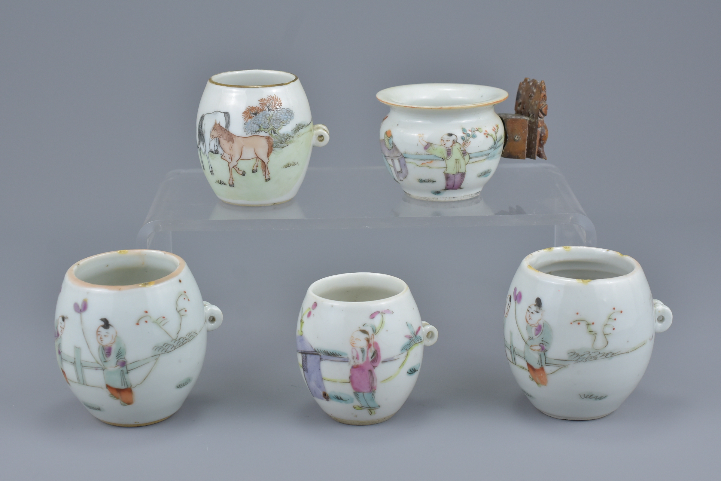 A group of five Chinese 19/20th Century porcelain bird feeders