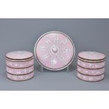 A pair of Chinese 19th century pink ground cloisonné enamel three-tier boxes and covers with blue en