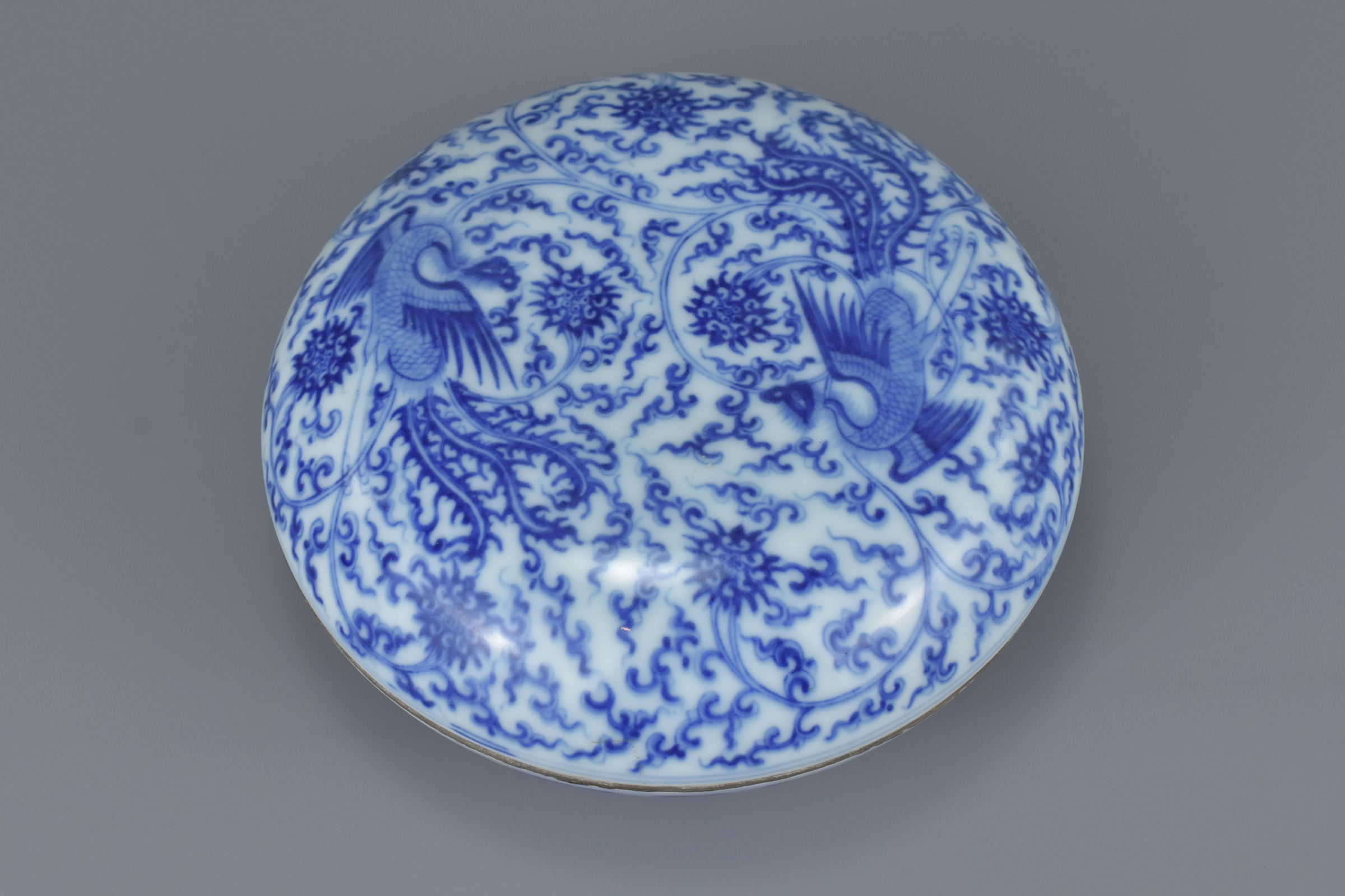 A Chinese 19th century Blue and White porcelain Ink Box and Cover with Phoenix design bearing six ch