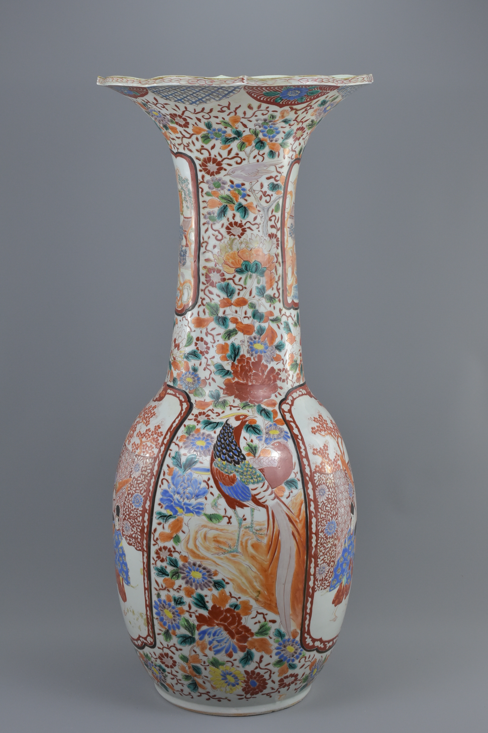 A very large 19th century Japanese Imari fluted porcelain vase decorated panels of birds and figure. - Image 2 of 6