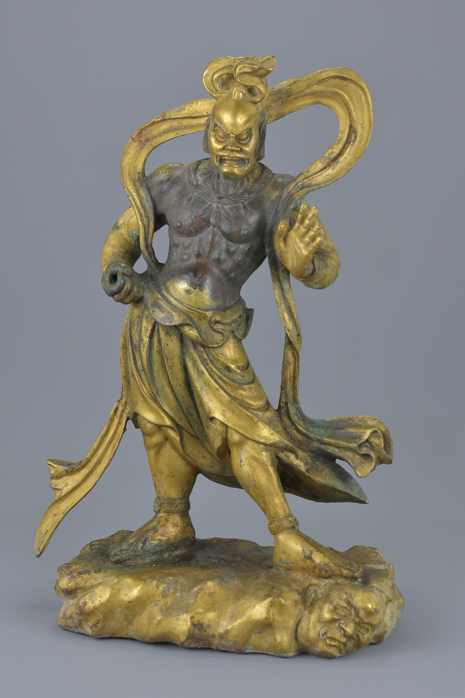 A pair of Chinese gilt bronze figures of Guardians standing on Mythical beasts. 37cm tall 4882 grams - Image 2 of 8