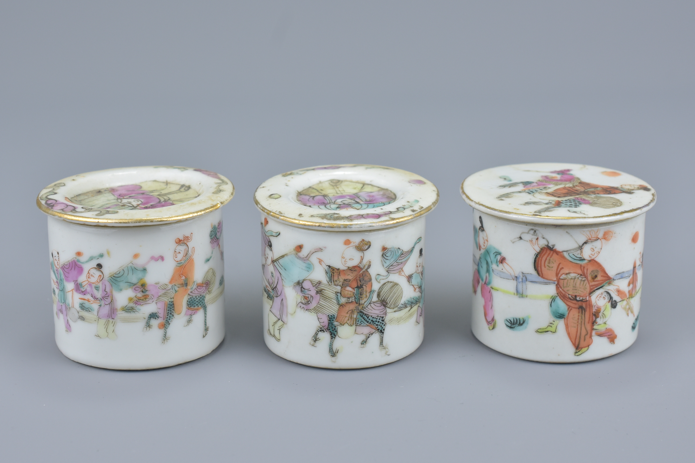 A group of nine Chinese 19th Century Famille Rose porcelain pots and covers - Image 4 of 7