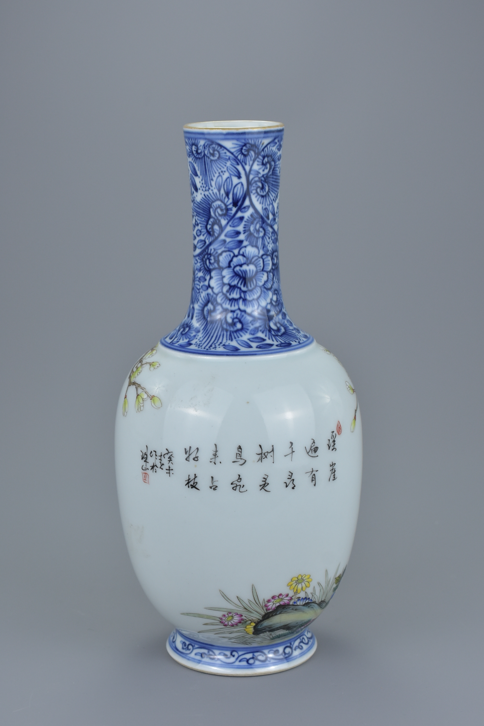 A Chinese Republic period famille rose porcelain vase with blue and white bottle neck decorated with - Image 3 of 6