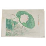 A Chinese early 20th century watercolour painting on silk of lotus flower. Two red seal marks signed