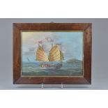A Chinese 19th century rosewood framed and glazed oil painting of a Chinese sailing boat with two Ch