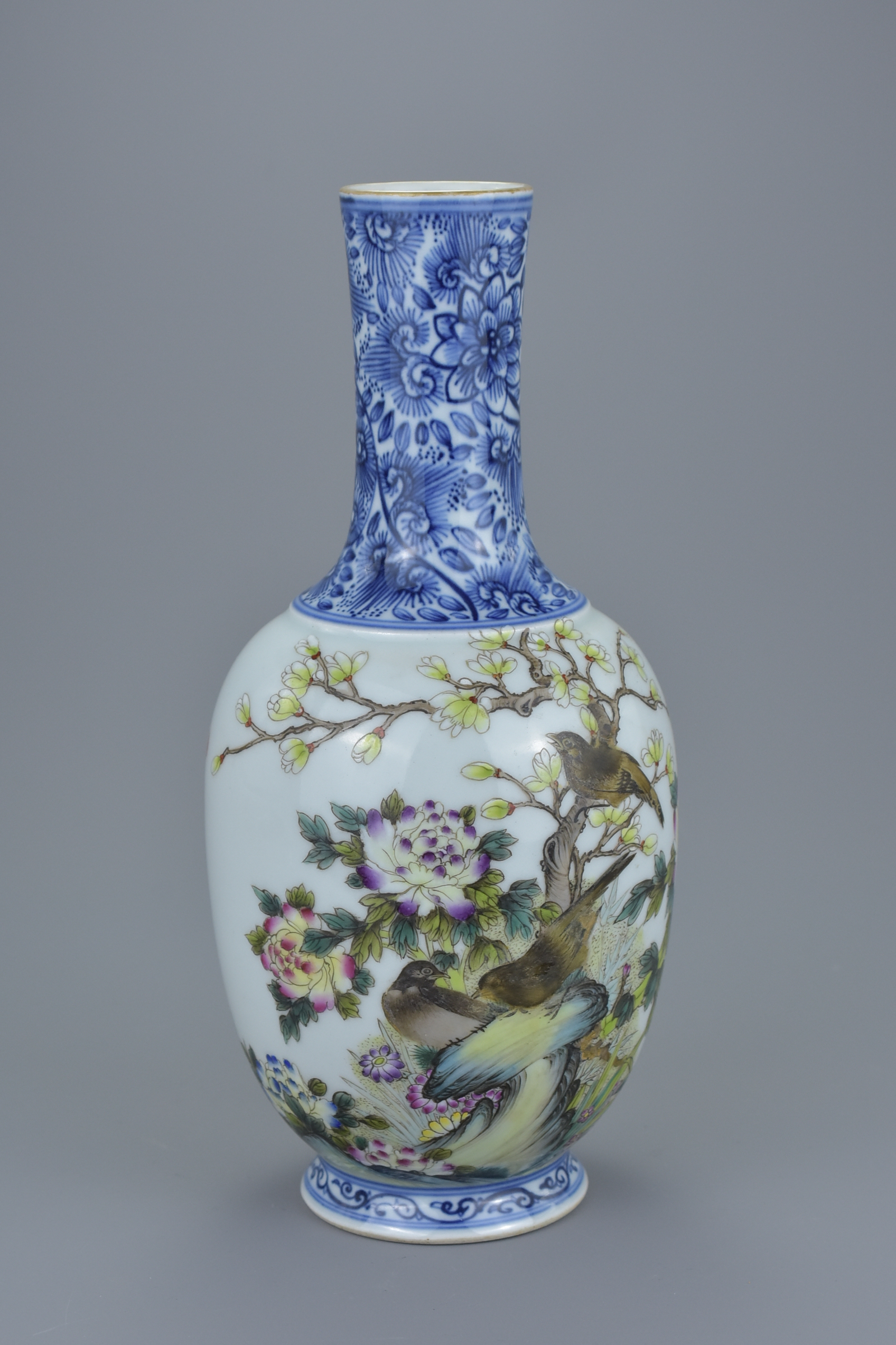 A Chinese Republic period famille rose porcelain vase with blue and white bottle neck decorated with - Image 4 of 6