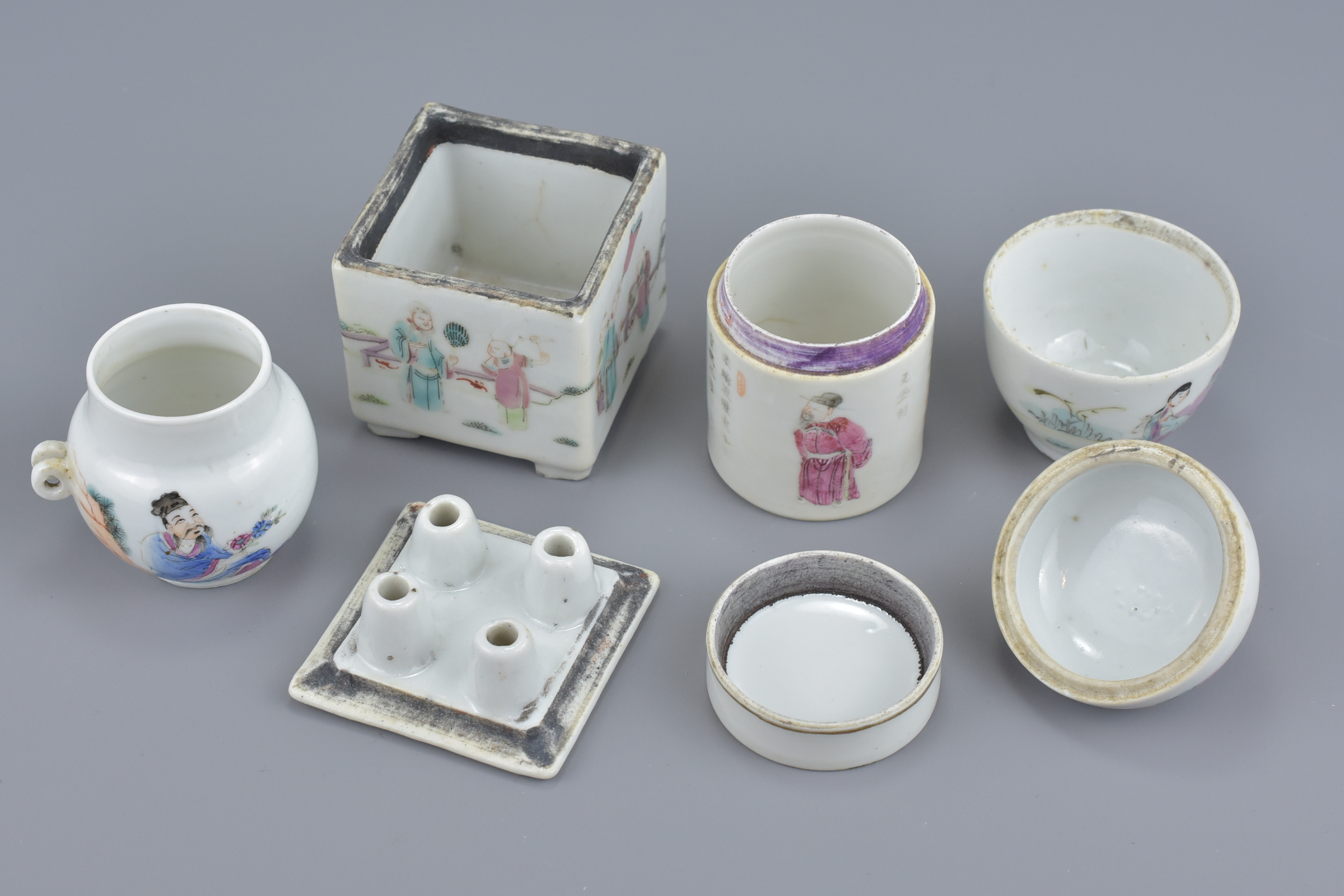 A group of seven Chinese 19th Century Famille Rose porcelain pots, ink pot, cup and bird feeder - Image 6 of 7