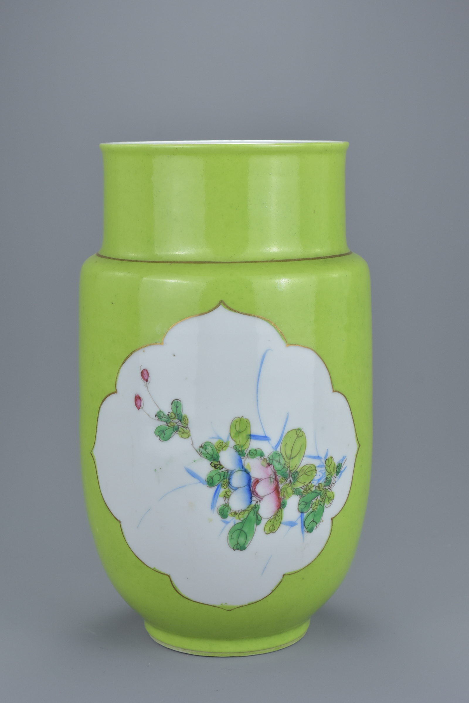 A Chinese 19th century lime green ground porcelain lantern vase with decorative Famille rose panels - Image 3 of 6