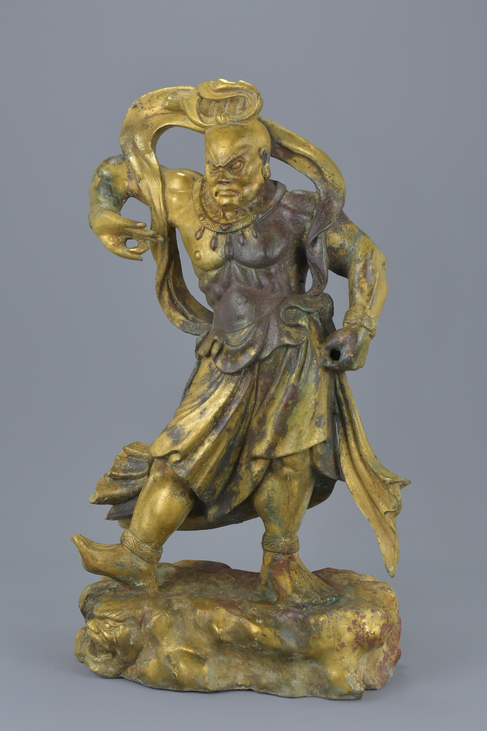 A pair of Chinese gilt bronze figures of Guardians standing on Mythical beasts. 37cm tall 4882 grams - Image 4 of 8