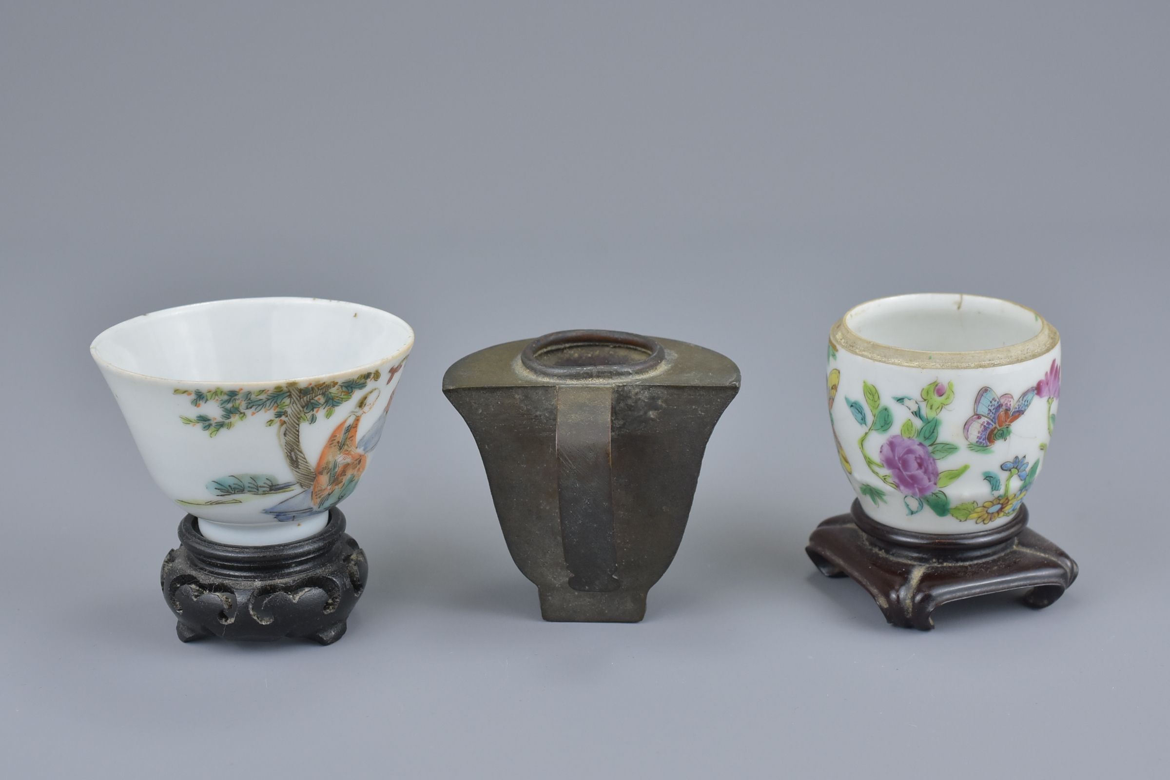 A group of seven Chinese 19th Century Famille Rose porcelain pots, ink pot, cup and bird feeder - Image 3 of 7