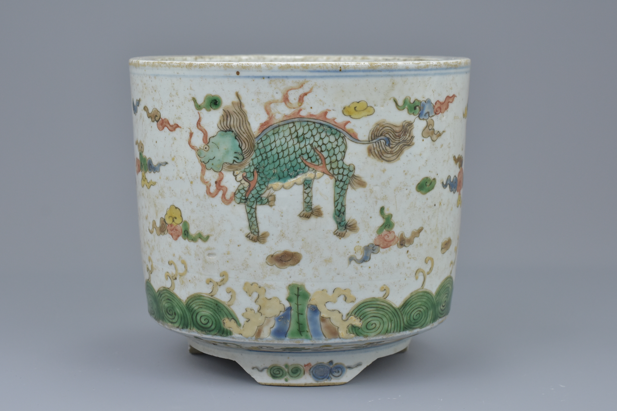 A Chinese 18/19th century doucai porcelain tripod censer with qilin, dragon and horse. 15.5cm diam x - Image 3 of 7