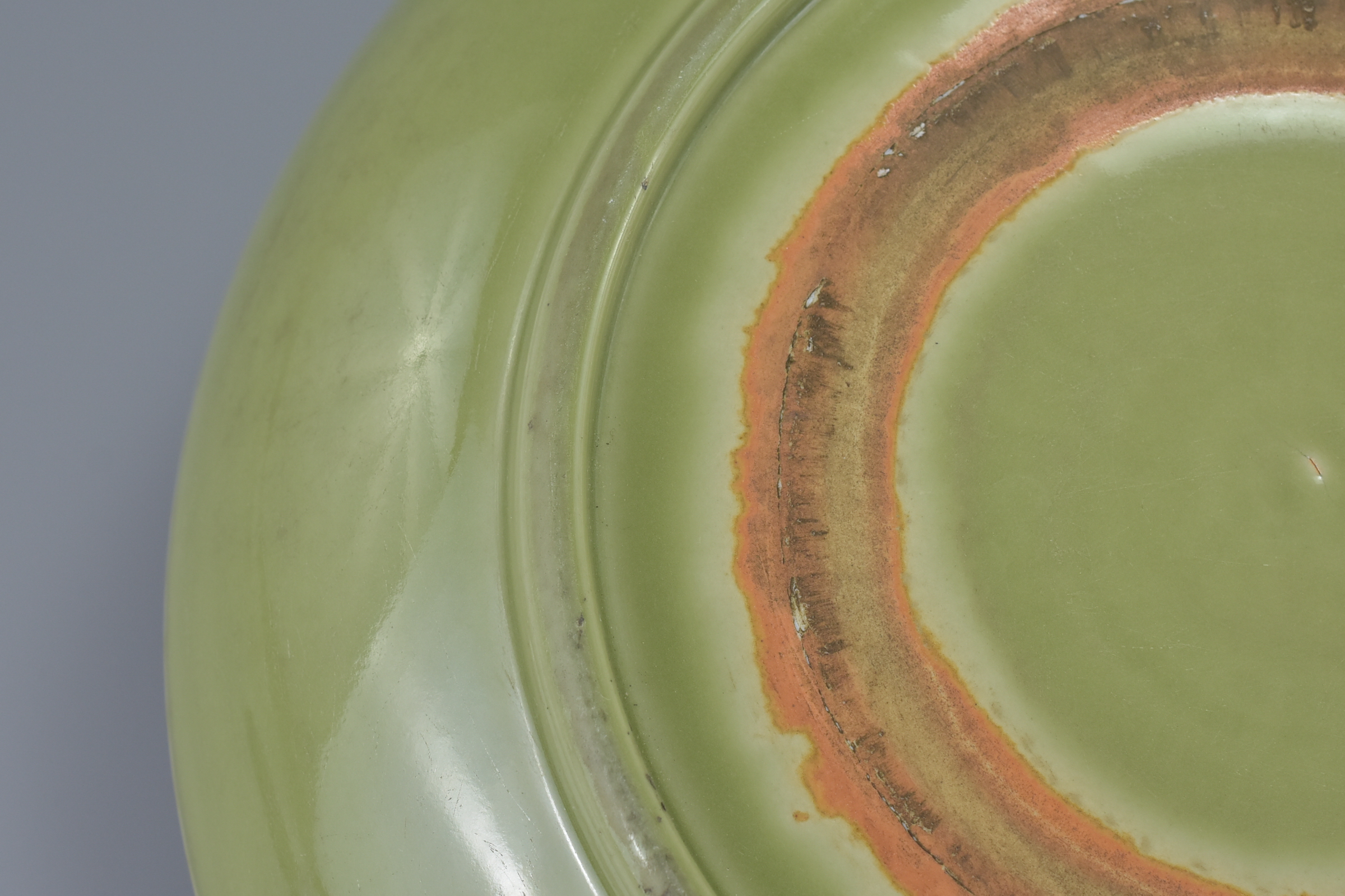 A large Chinese Ming dynasty or later celadon porcelain dish. 38cm diameter - Image 5 of 6