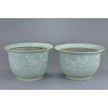 A large pair of 18/19th century Chinese pale celadon ground porcelain planters with floral decoratio
