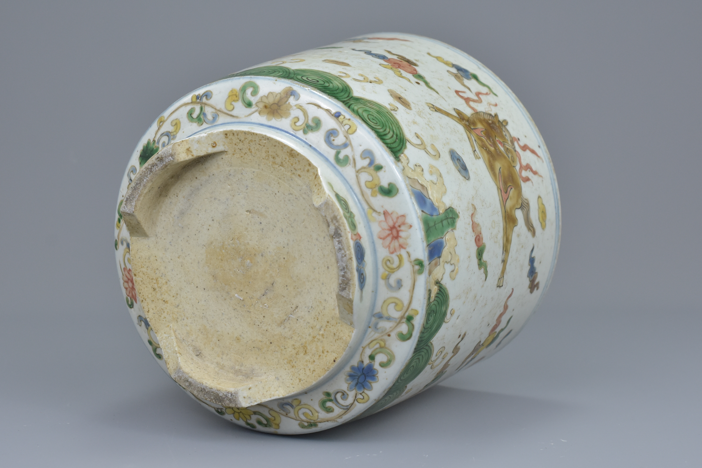 A Chinese 18/19th century doucai porcelain tripod censer with qilin, dragon and horse. 15.5cm diam x - Image 5 of 7