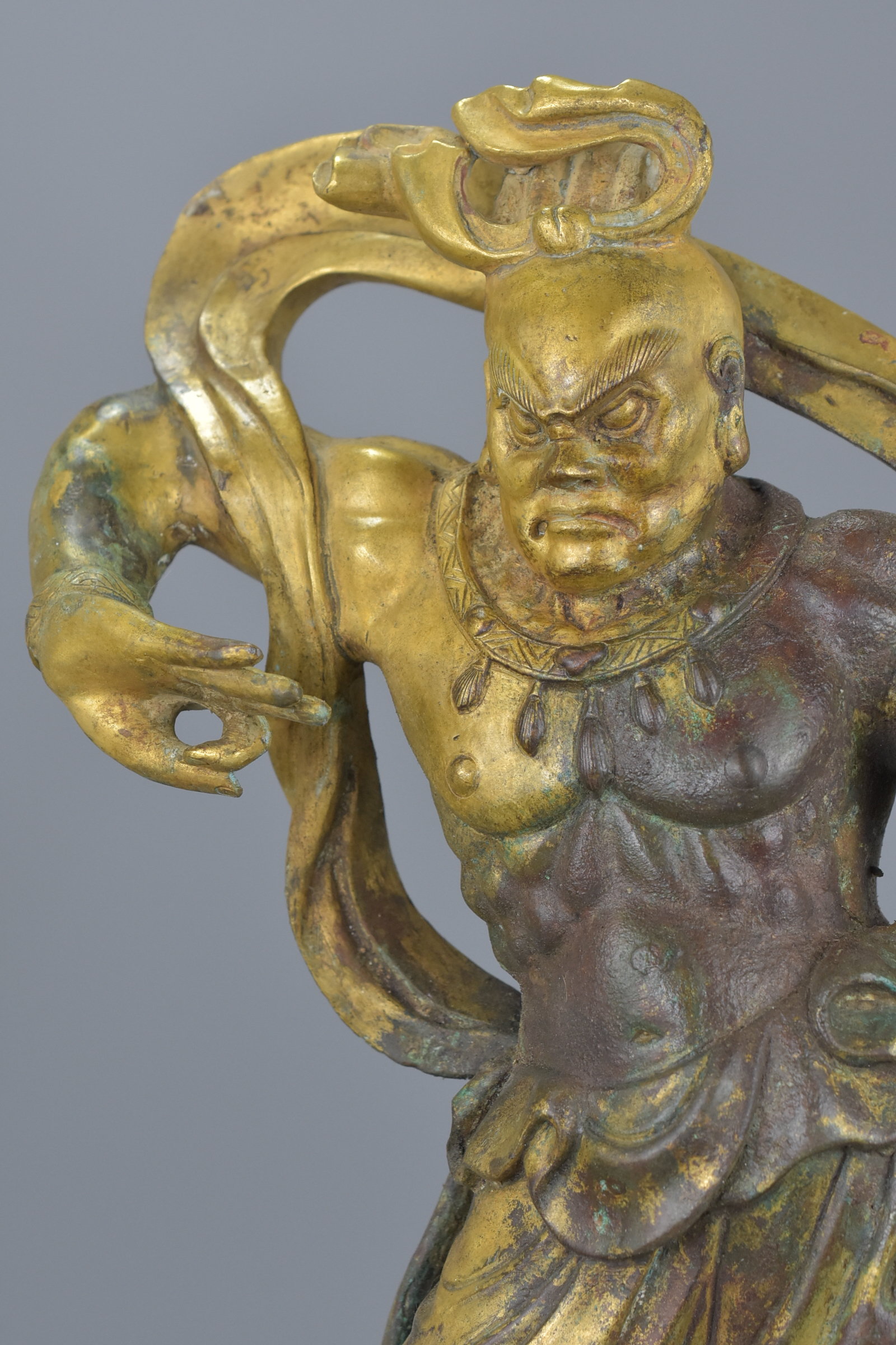 A pair of Chinese gilt bronze figures of Guardians standing on Mythical beasts. 37cm tall 4882 grams - Image 8 of 8