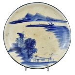 A Rare Large Japanese Blue & White Seto Stoneware Dish - Meiji Period
