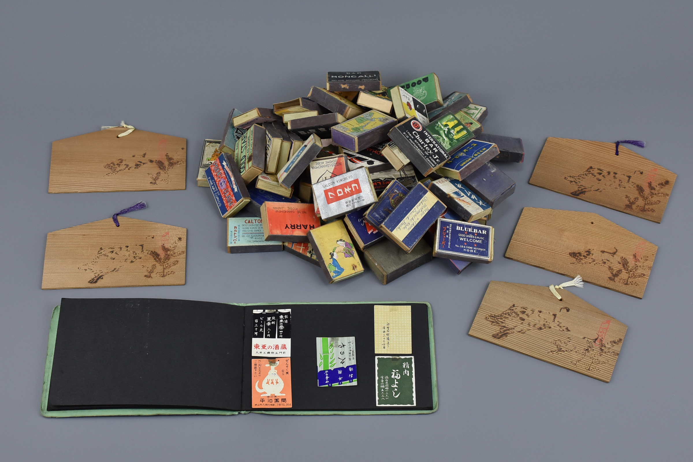 Five Japanese Wooden Postcards, sixty-five Matchboxes, Album of Labels (1950s)