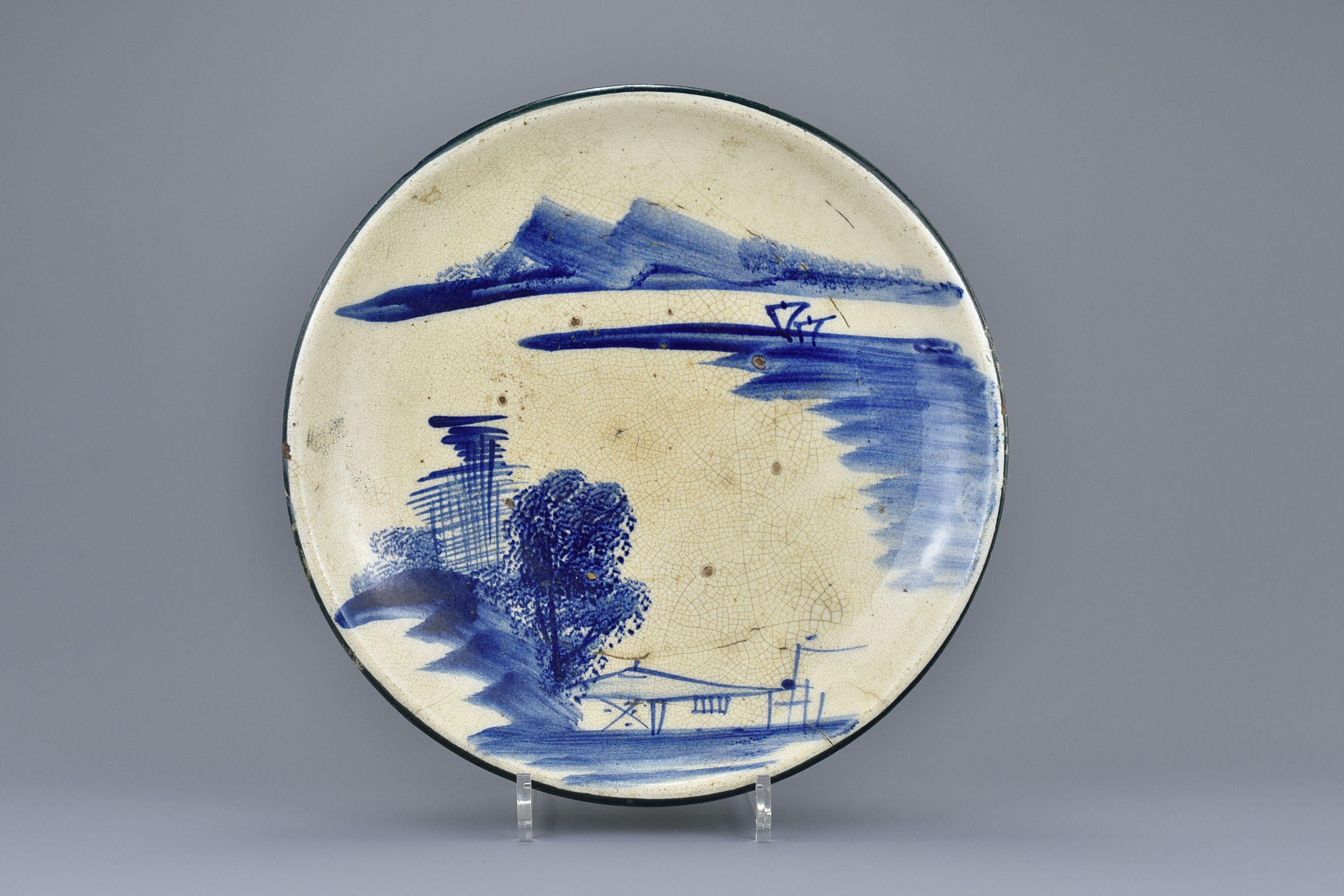 A Rare Large Japanese Blue & White Seto Stoneware Dish - Meiji Period - Image 3 of 8