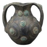 A Chinese Han Dynasty Black Pottery Amphora with Bronze Appliqués