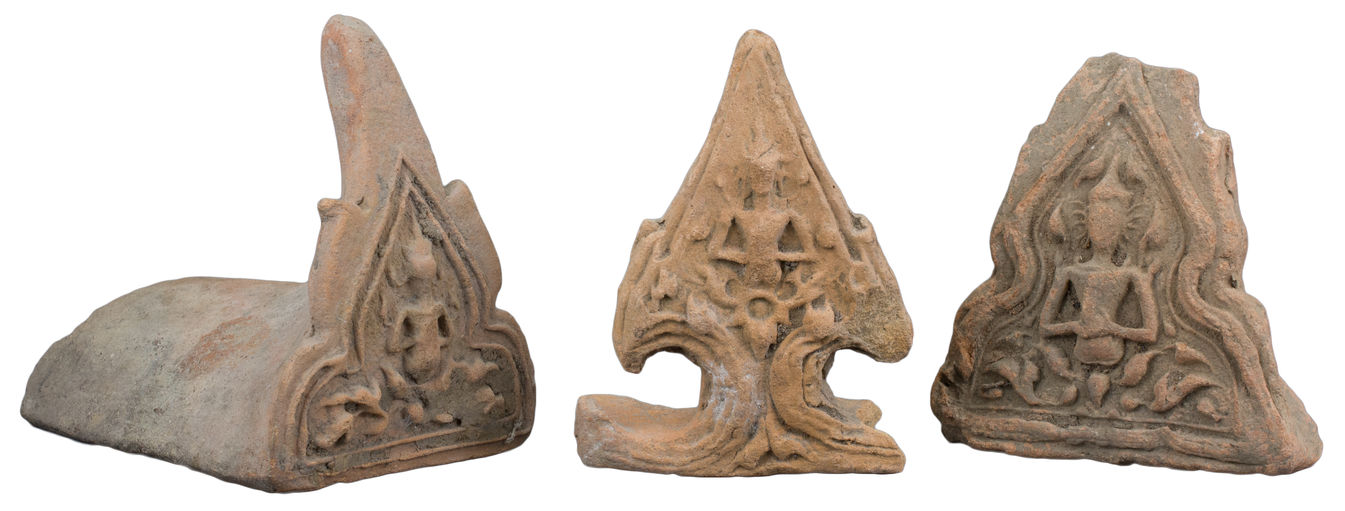 Three Thai 15th Century Buddhist Pottery Roof Tiles Ends