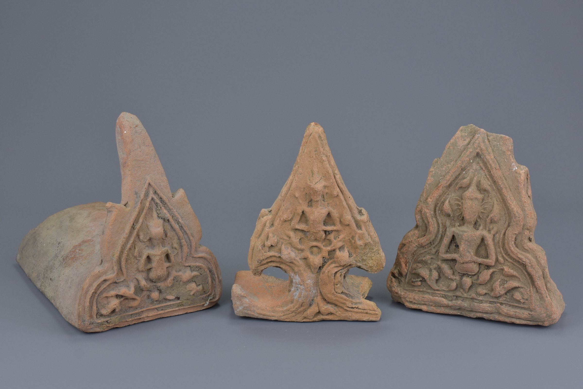 Three Thai 15th Century Buddhist Pottery Roof Tiles Ends - Image 2 of 7