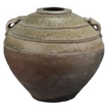 A Large Chinese Han Dynasty Glazed Stoneware Jar with Incised Patterns