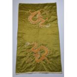 A Chinese early 20th C. silk panel with two embroidered padded dragons
