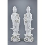 A mirrored pair of Chinese 20th C. Blanc de Chine figures of Guanyin