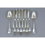 A set of twelve antique silver fish knives and forks together with two silver hallmarked spoons