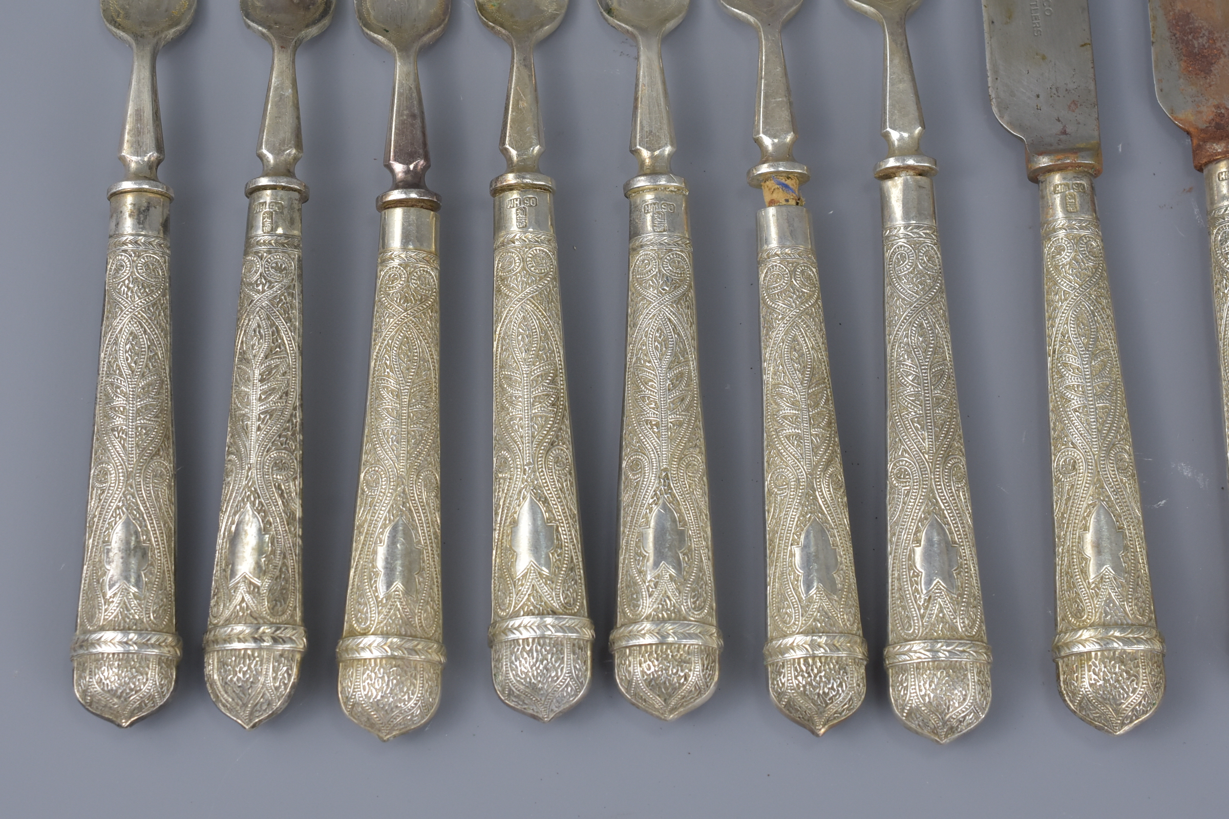 A set of fourteen Chinese silver handled knives and forks stamped WH 90 - Image 2 of 11
