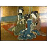 A very large Japanese vintage gold leaf and painted wall hanging of three Geisha