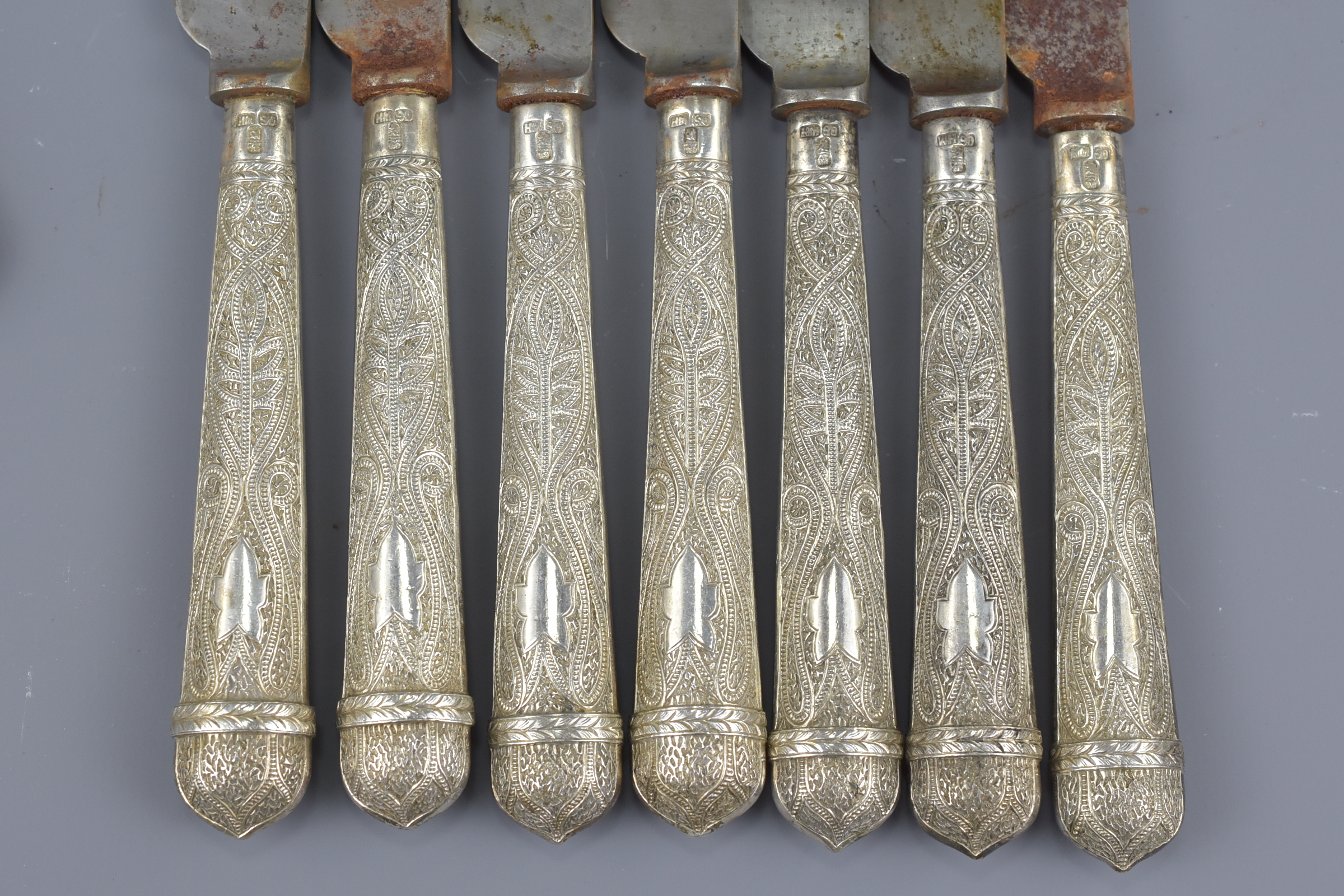 A set of fourteen Chinese silver handled knives and forks stamped WH 90 - Image 3 of 11