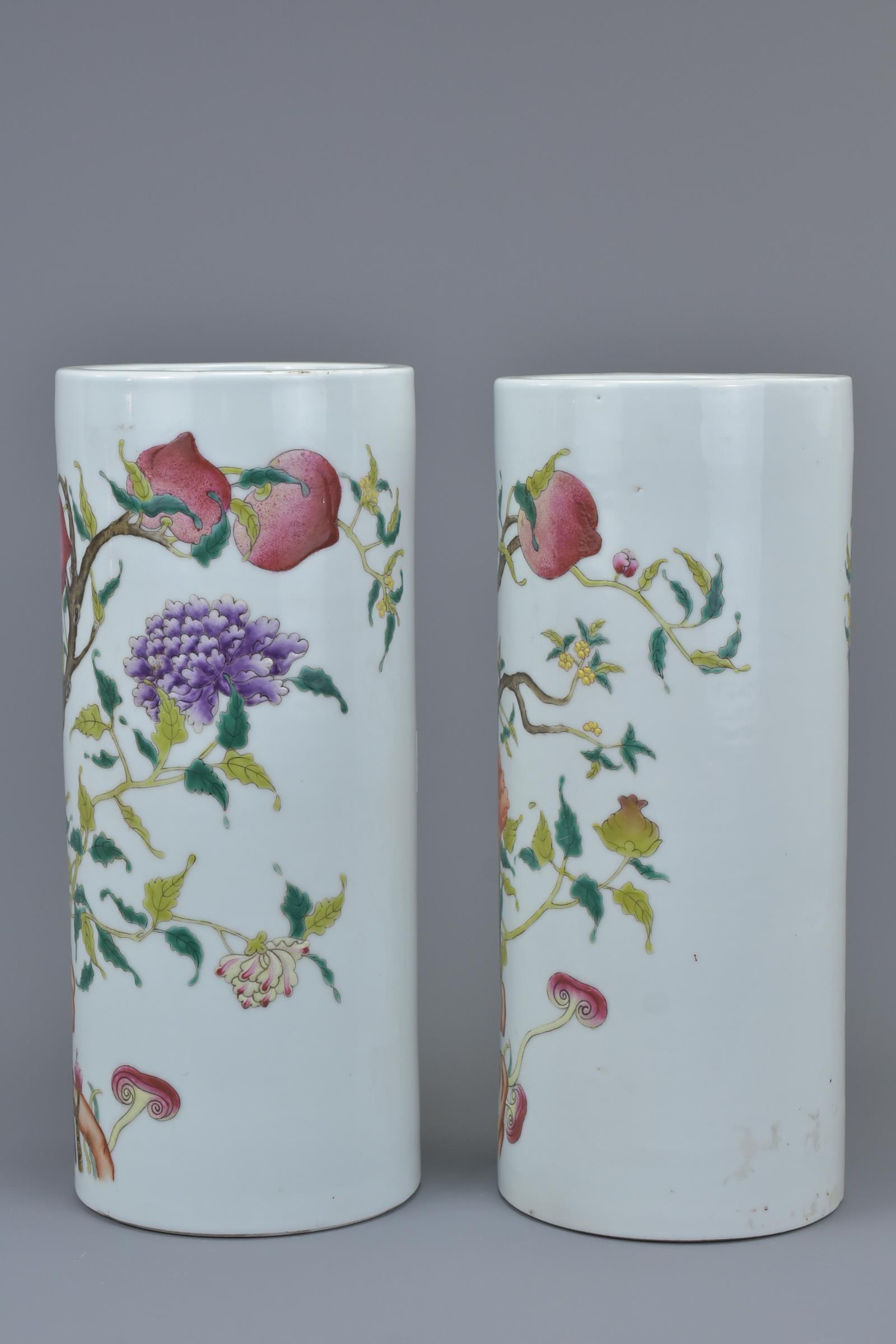 A pair of Chinese late 19th C. Famille rose porcelain hat stands - Image 2 of 5