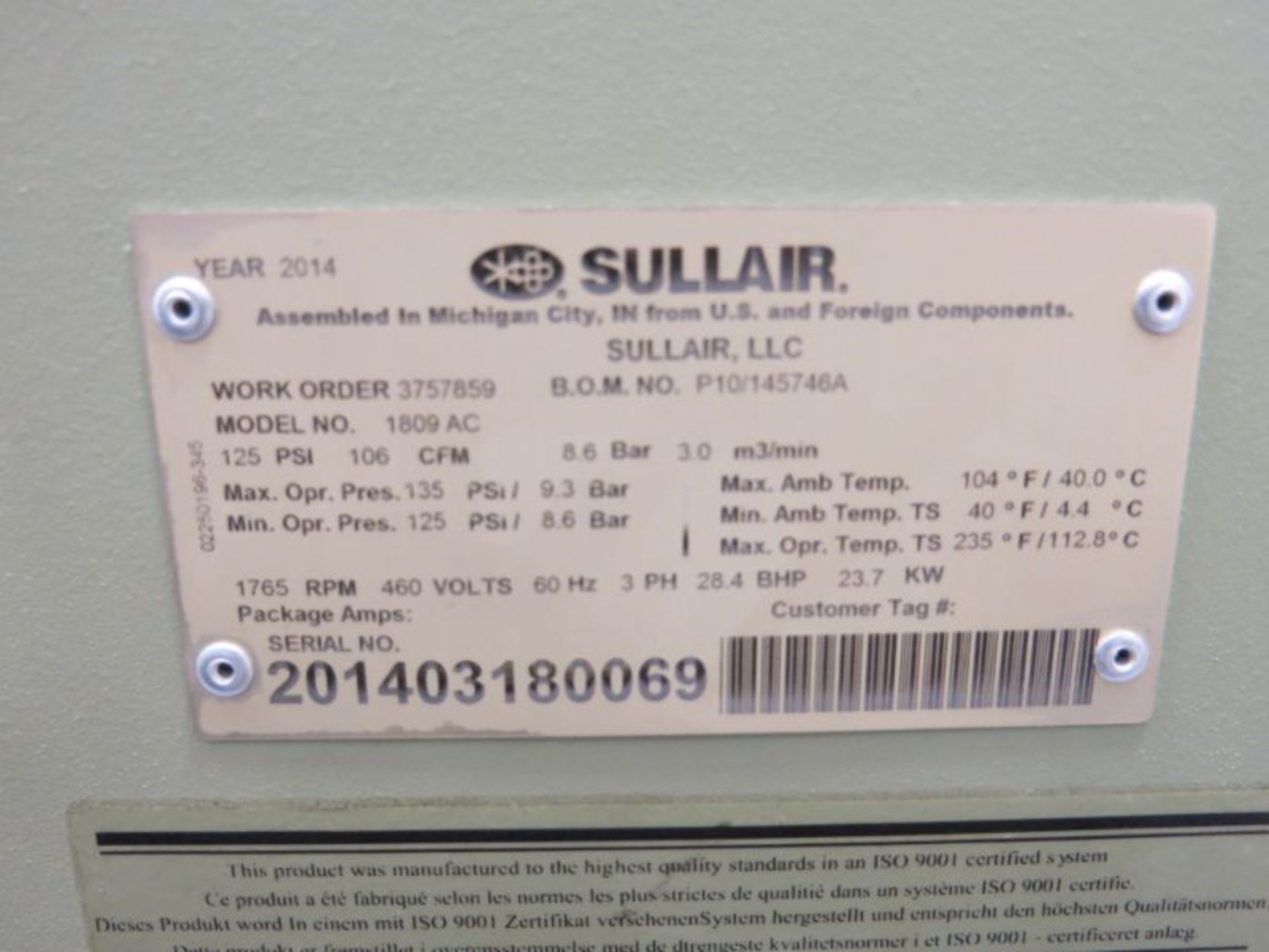 2014, Sullair 1809AC Rotary Screw Air Compressor - Image 3 of 3