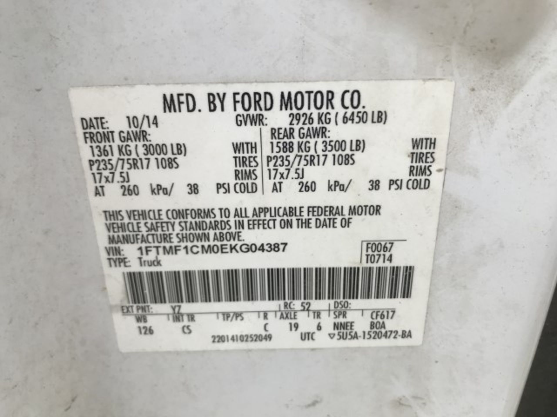 2014 Ford F-150 Xl VIN: 1FTMF1CM0EKG04387 Odometer States: 116628 Color: Wh - Image 6 of 6