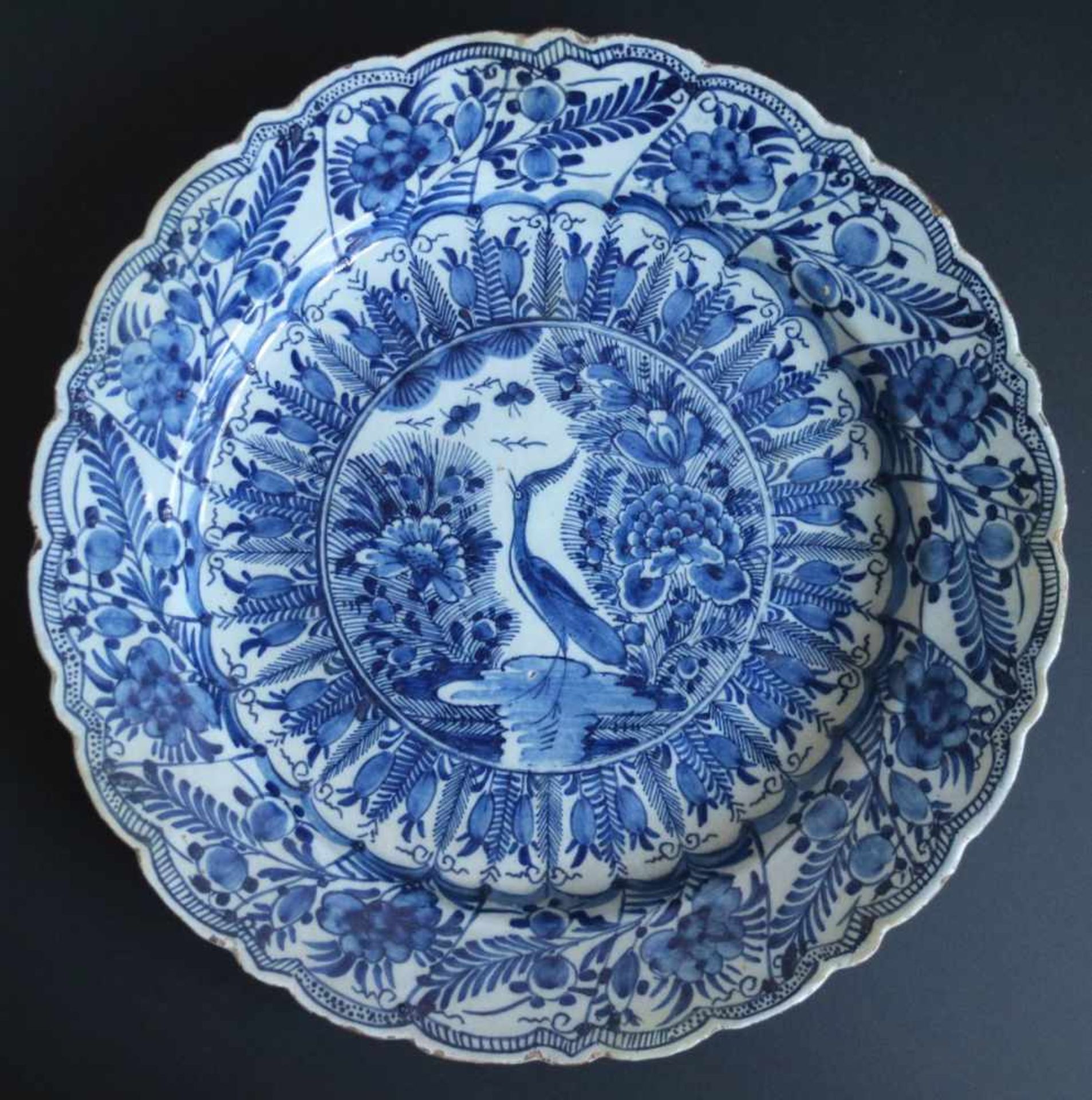 DELFTDe Porceleyne Lampet jug Plate with blue decor with rider Heron pattern Marked LP jugdia 34 cm