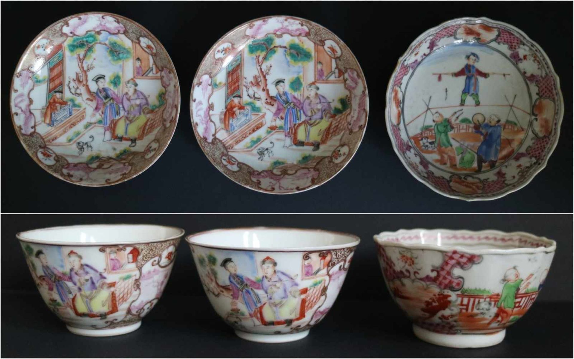 Chinese cups with saucer (3)Famille rose at the end of the 18th century UV checked, no repairs, no