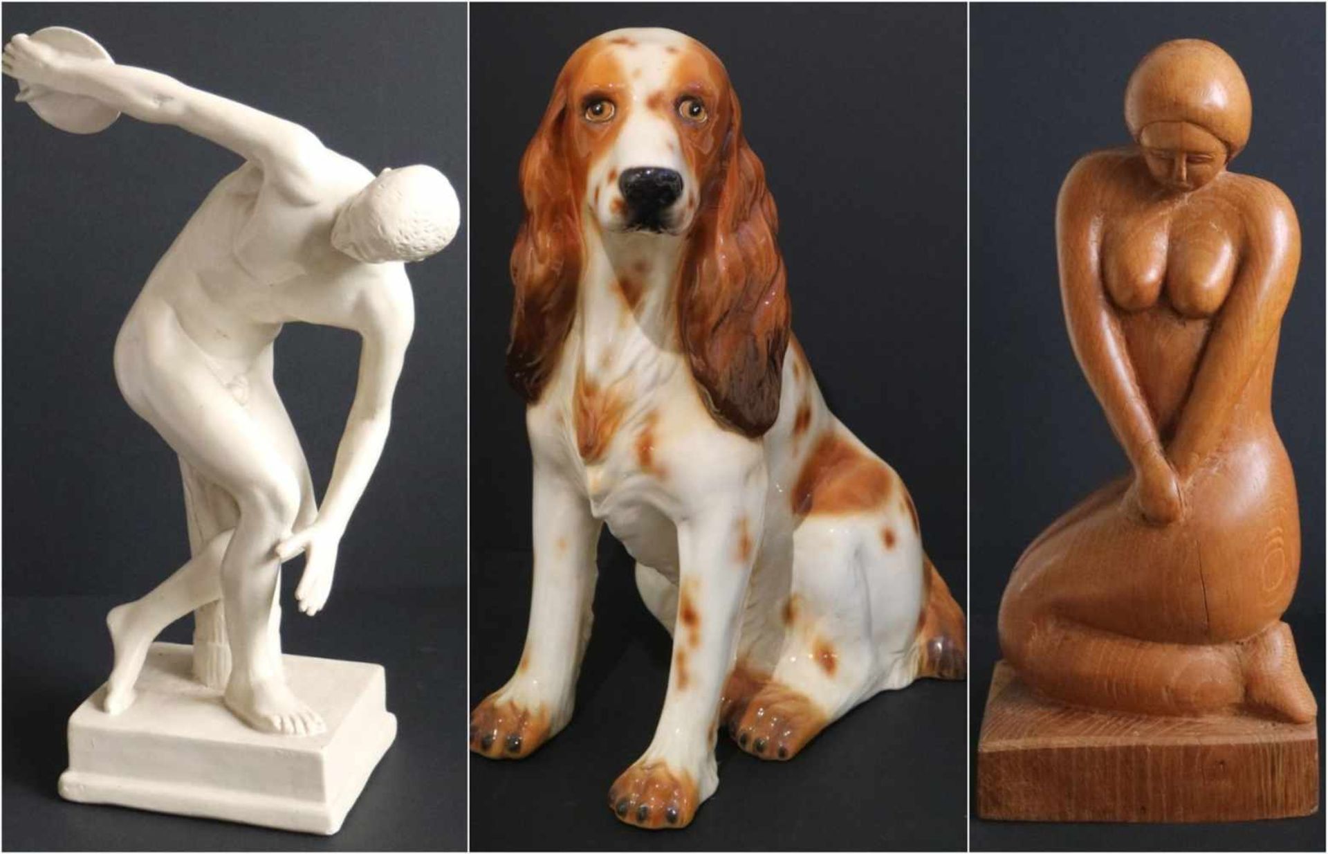 Lot of various items ao discus throwerCeramic Dog, Wooden statue NudeH 45, 47 and 38 cm