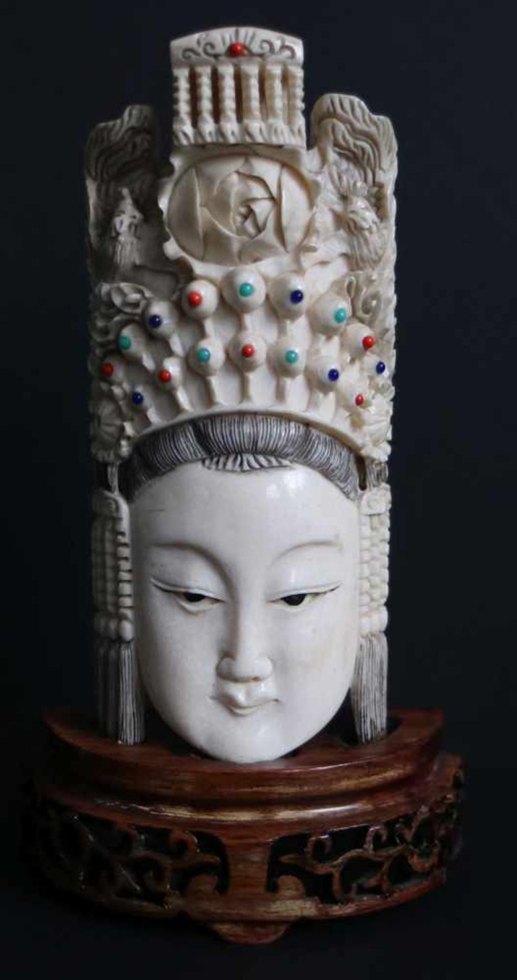 Chinese ivory head from GuanyinWith turquoise, red coral and Lapis Lazuli Circa 1920 - 1940