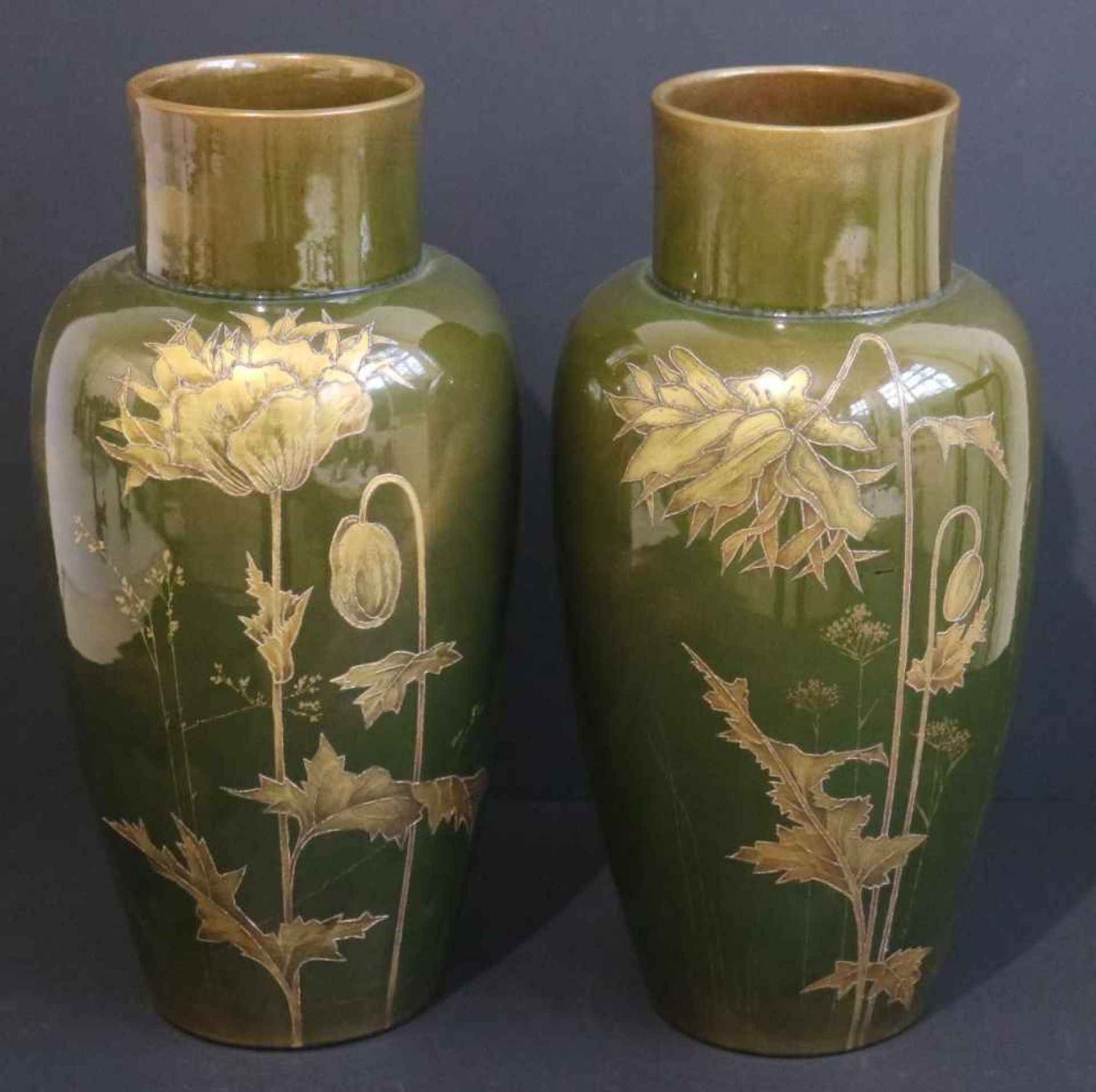 Pair of Japanese vases with green & gold print H 40 cm Ceramics Pair of Japanese vases with