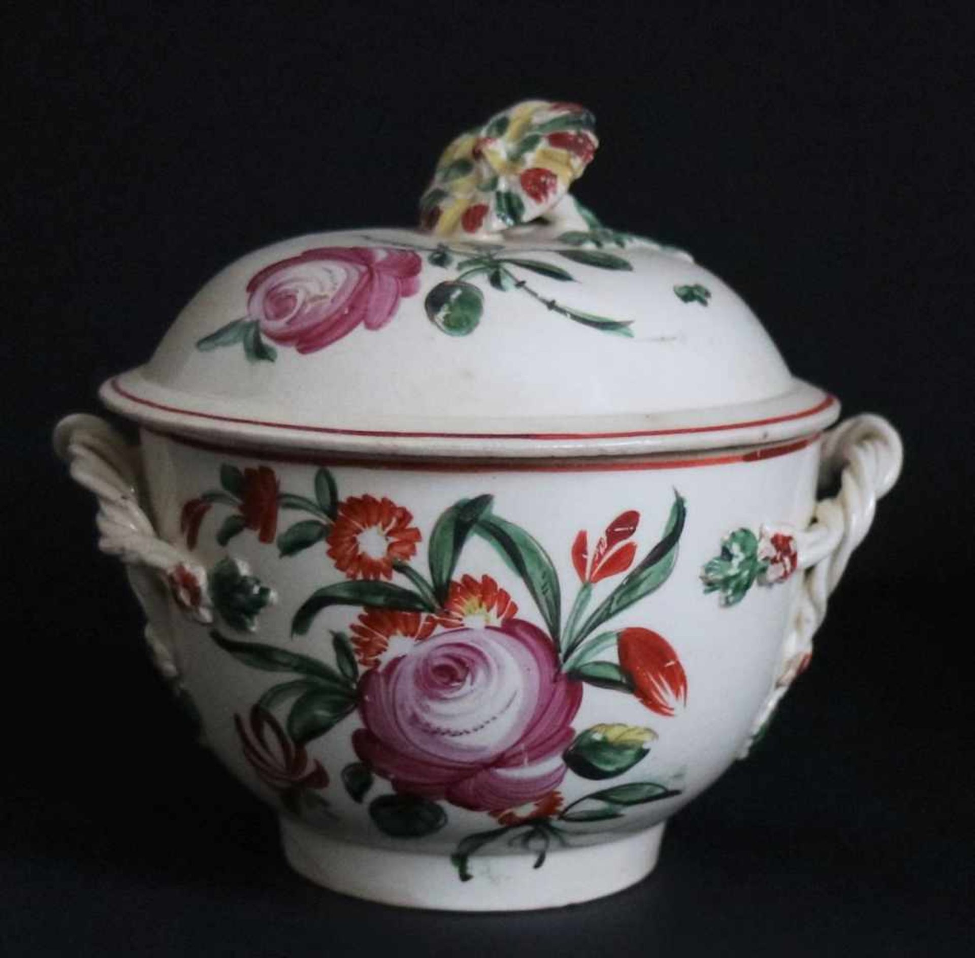 antique 18th century CreamwareAttributed Leeds pottery Sugar bowl with lidH 10 cm Hairline at the