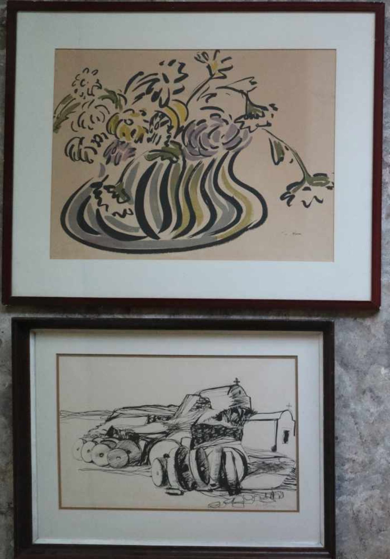 Lot of lithographs Still life with flowers and Greek landscape