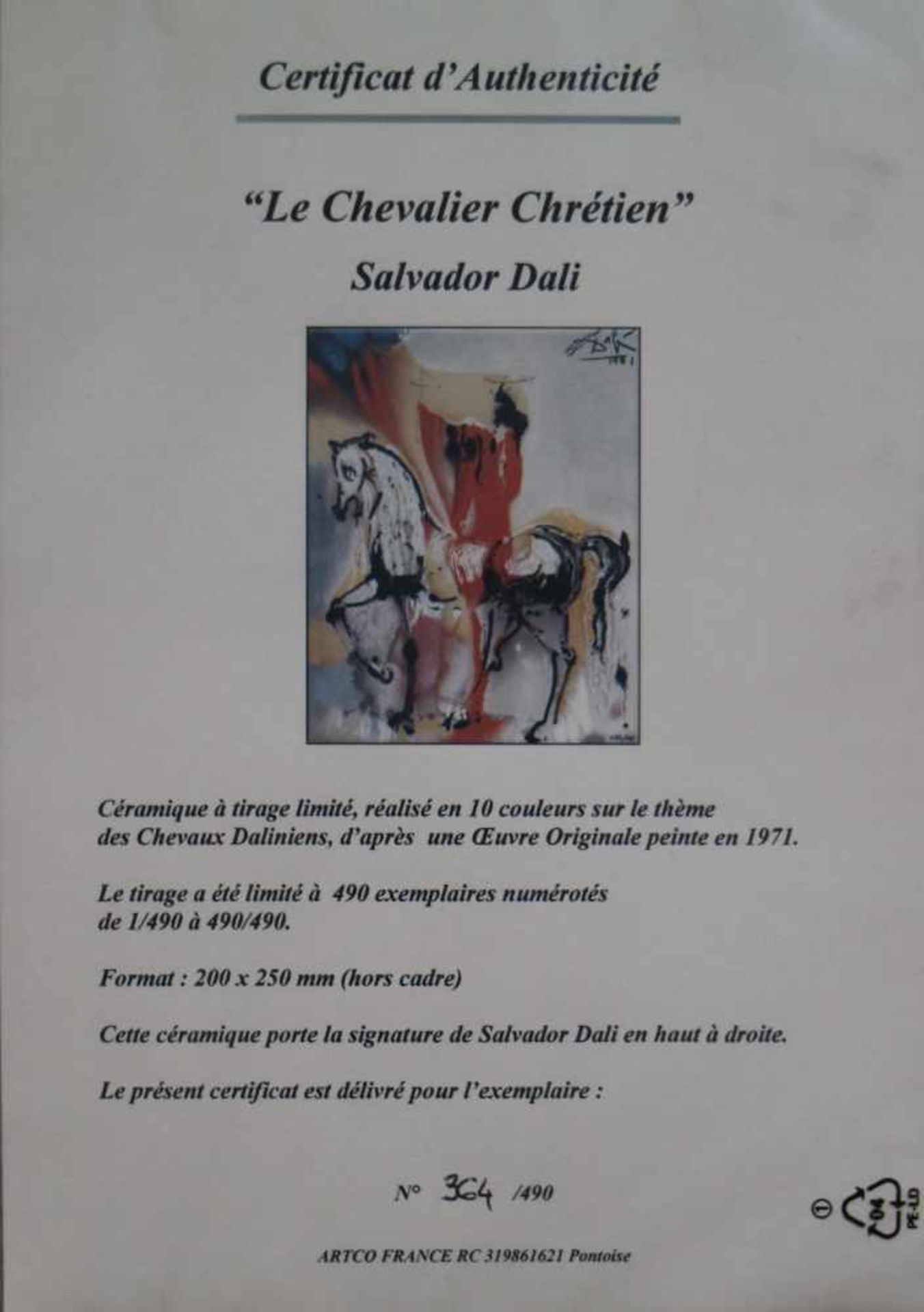 Salvador DALI (1904-1989) ceramics Le Chevalier Chrétien 20 x 25 cm with certificate, signed and - Bild 3 aus 3