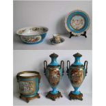 Sèvres hand-painted lidded vases 19th century, flower pot and bowl, plate and bag with saucer H 10,