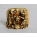Netsuke Ivory depicting a Kodo drummer and 2 masked figures Japan MEIJI period H 3,8 cm private
