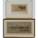 Armand HEINS (1856-1938) watercolor Landscape + etching Cows 21,5 x 9,5 en 32 x 12 cm