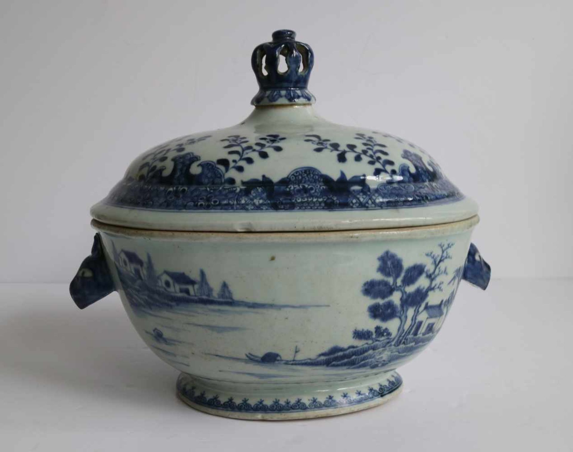 Chinese lidded bowl blue/white 19th century 34 x 24 x 24 cm hairline and damage